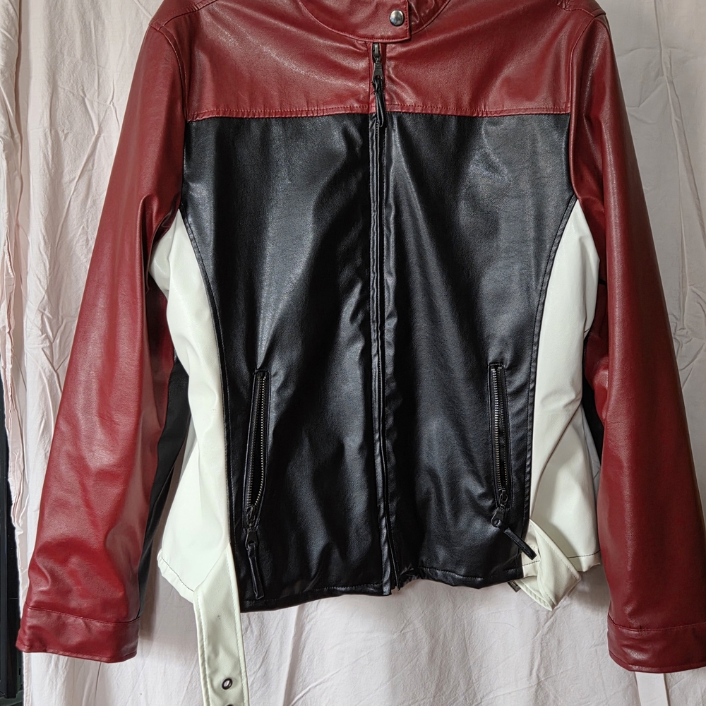 le chateau Red Black and White Faux Leather Colorblock Jacket